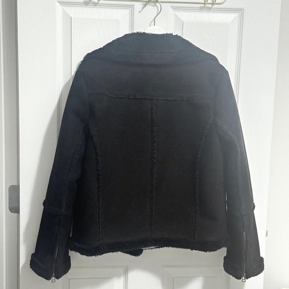 ZARA Satin Blue Ruffled Blouse with Black Shearling Jacket - Picture 2 of 4